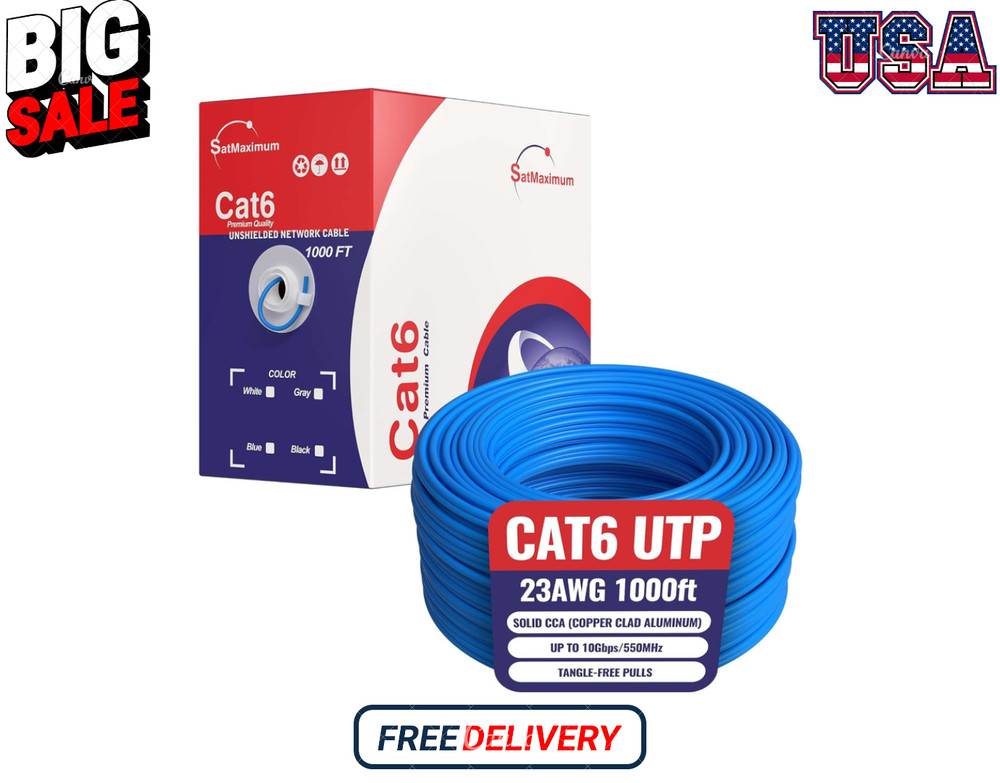 CAT6 Ethernet Cable 1000ft Pull Box Solid UTP 23AWG 550Mhz CCA Bulk Blue Wire