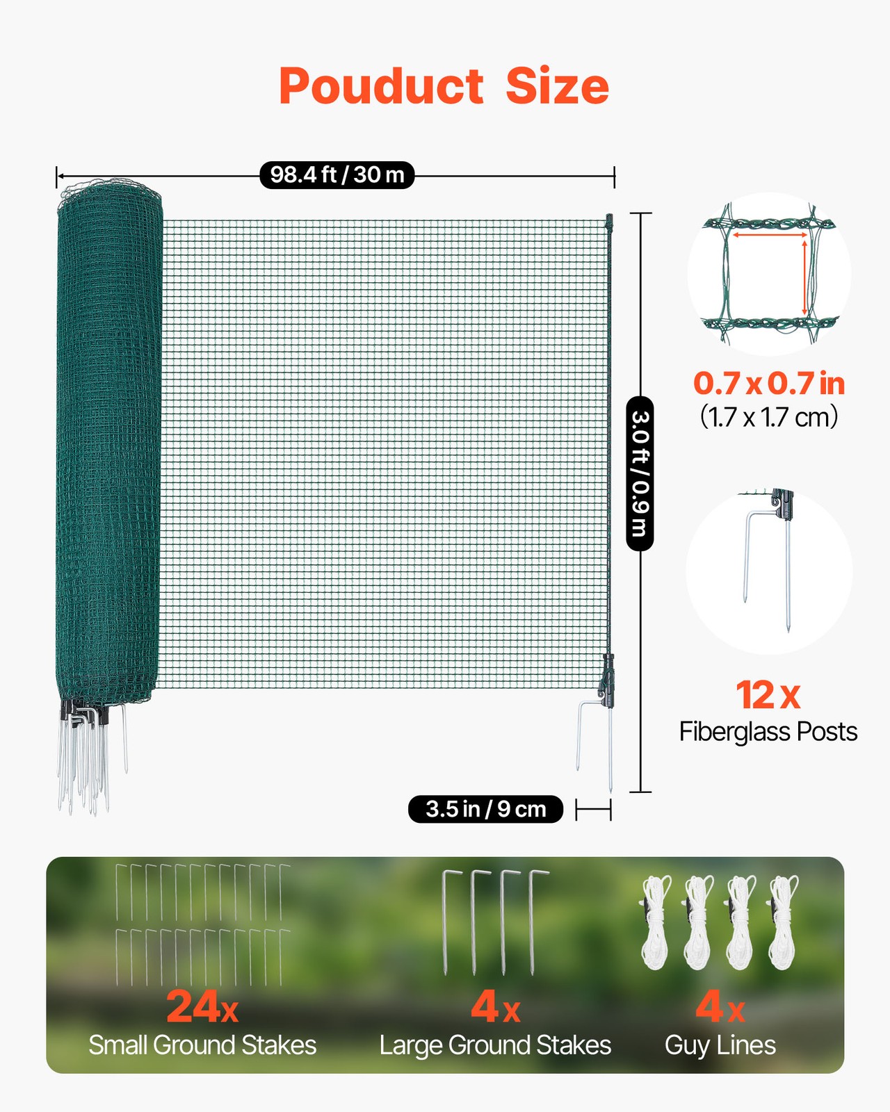 VEVOR Non Electric Fence with Posts 3' x 98.4' Plastic Safety Mesh Fence Netting