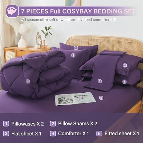 Bed in a Bag Comforter Sets 7pcs All Season Solid Down Alternative Full Purple