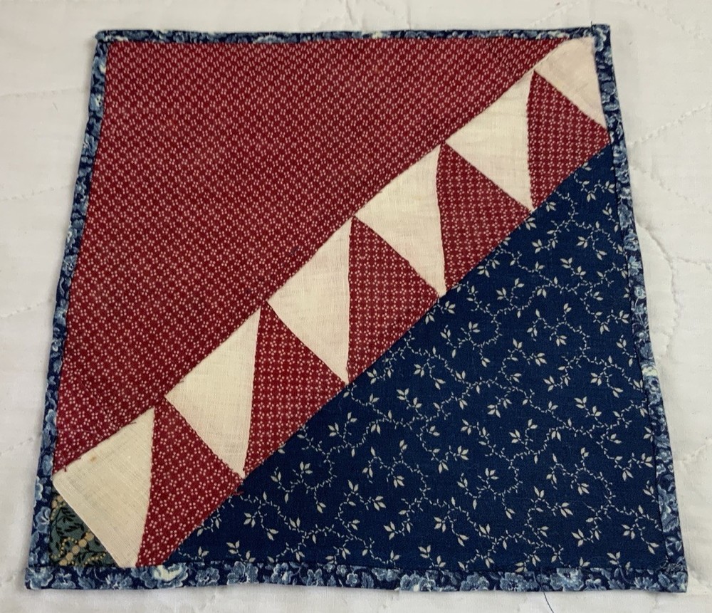 Antique Patchwork Quilt Table Topper, Early Calico Prints, Triangles, Burgundy