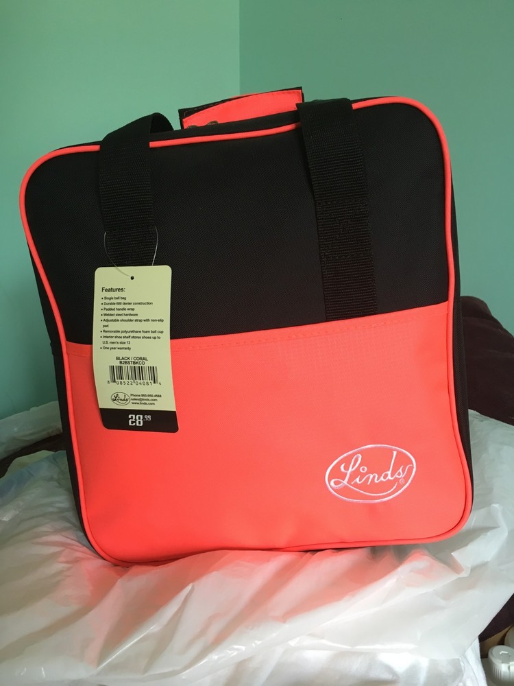 Linds Basic single ball bowling bag, black and coral, adjustable shoulder strap