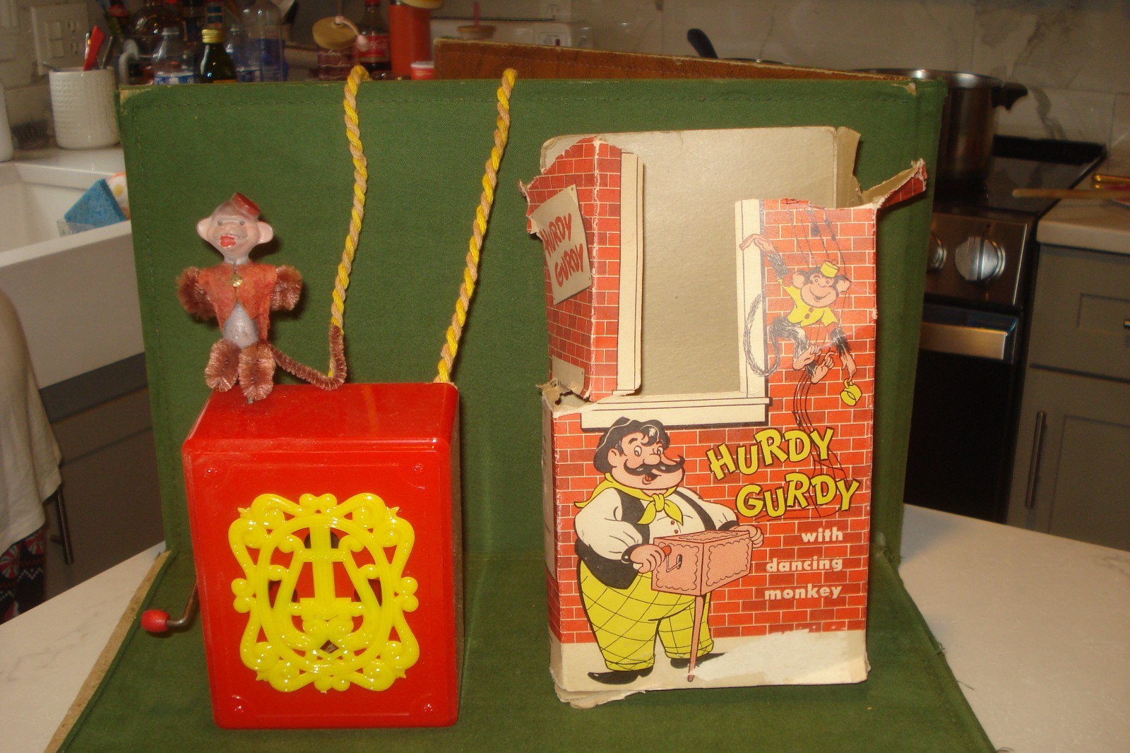 Vintage 1950's Hurdy Gurdy w/ Dancing Monkey Music Box Toy & Box Mattel, WORKS