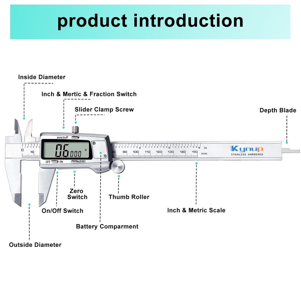 Kynup Digital Caliper, Caliper Measuring Tool, Micrometer Dial 6 Inch, Silver