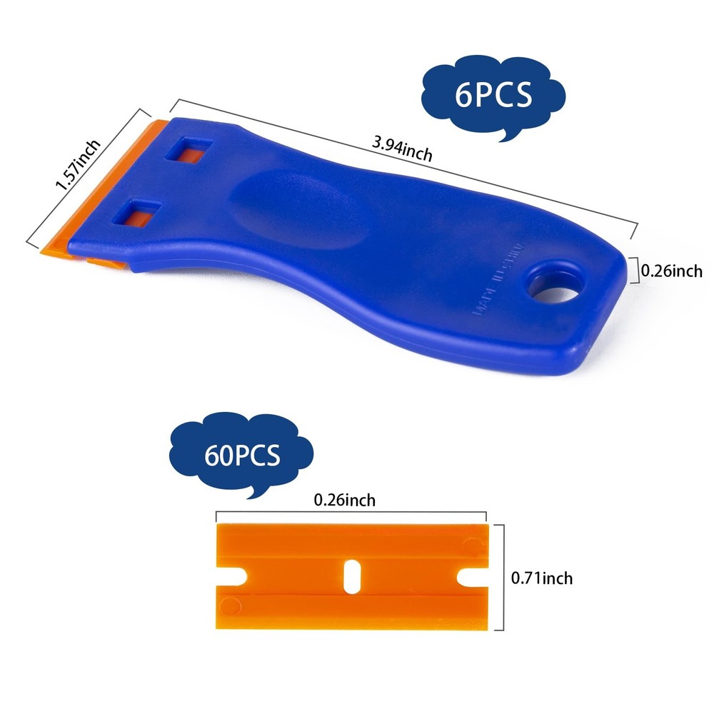 Plastic Razor Blade Scraper Tool, 6 Pcs Razor Scraper with 60 Pcs Plastic Blades