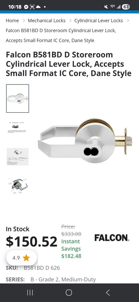 FALCON STORE ROOM LOCKSET WITH GREEN CORE