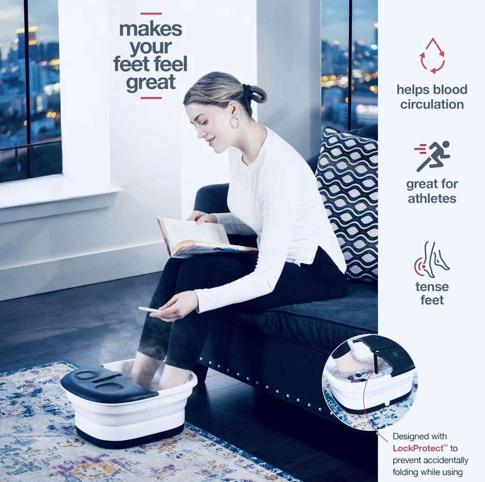 Foldable Heated Foot Bath with Massage Rollers, Bubble Jets, Remote, Black/White