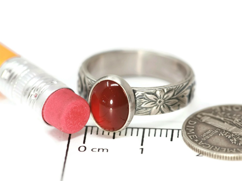 Oval Carnelian Ring Flower Pattern 925 Sterling Silver N-S