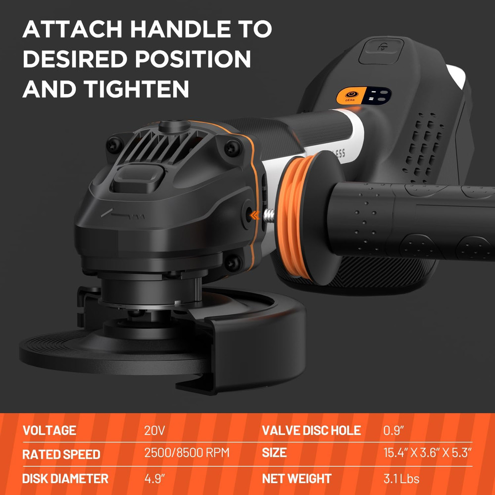 20V Brushless Cordless Angle Grinder, 4.9-Inch Variable Speed Grinder with Batte