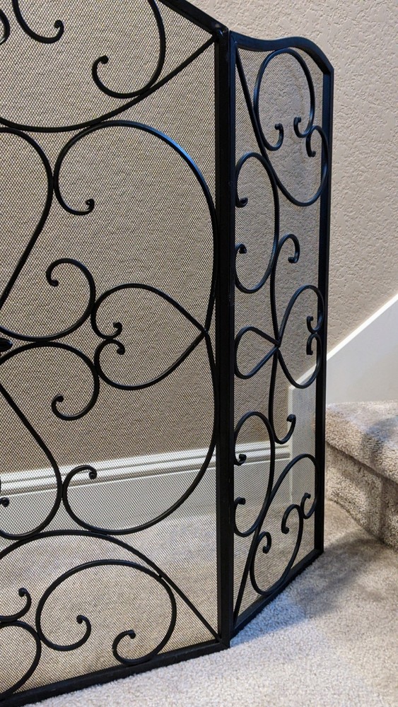 49" X 36" Black Metal Foldable 3 Panel Scroll Fireplace Screen with Mesh Netting