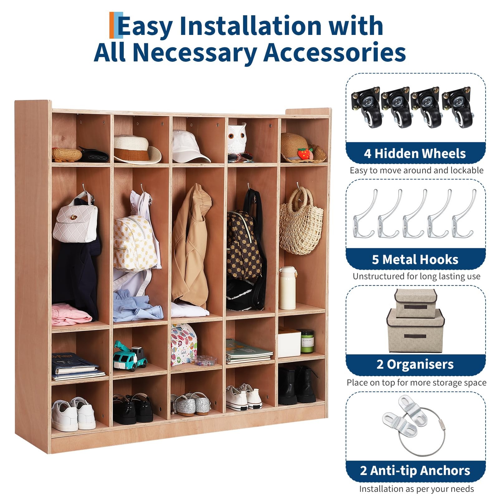 5-Section School Coat Locker 10 Cubbies with 4 Casters 5 Hooks 2 Storage Boxes