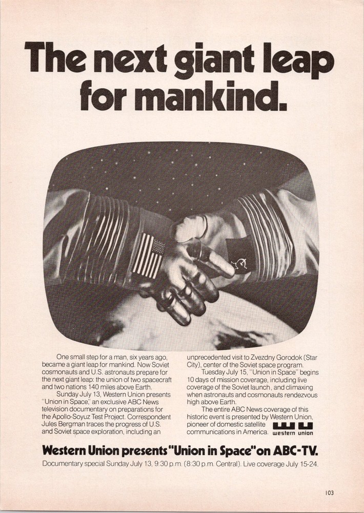 Western Union 1974 Apollo-Soyuz Space Program Vintage Print Ad