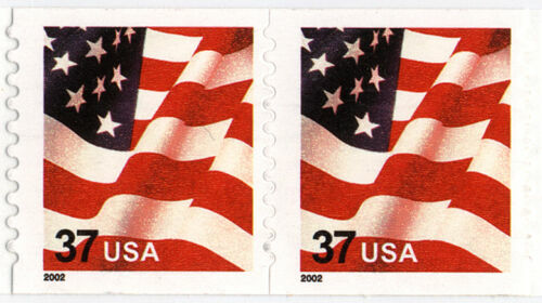 US, #  3632 Flag  coil pair, 2002,37c, MNH