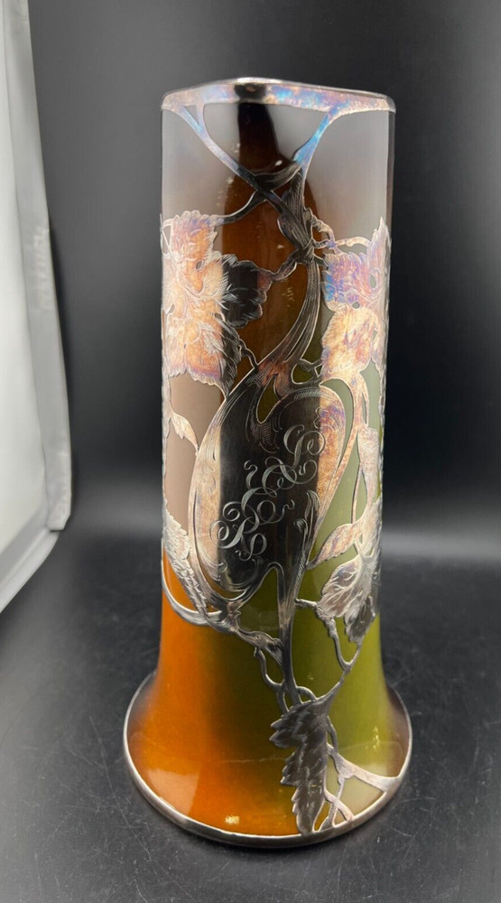 ANTIQUE LENOX MONOGRAM SILVER OVERLAY GRAPE LEAF PITCHER