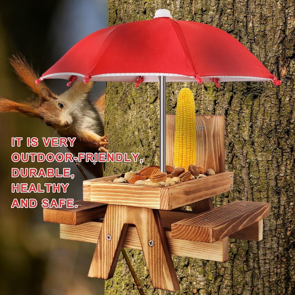 Squirrel Picnic Table Feeder, Chipmunk Feeder For Corn Peanuts, Bright Red