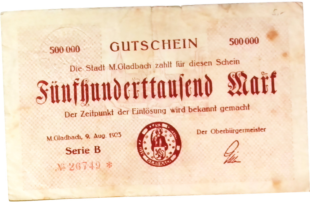 1923 Germany GLADBACH 500.000 Mark Banknote