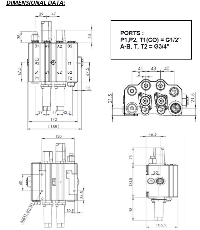 Front Loader Valve 90 L/Min Hydraulic Valve 2 Sections, LS closed center