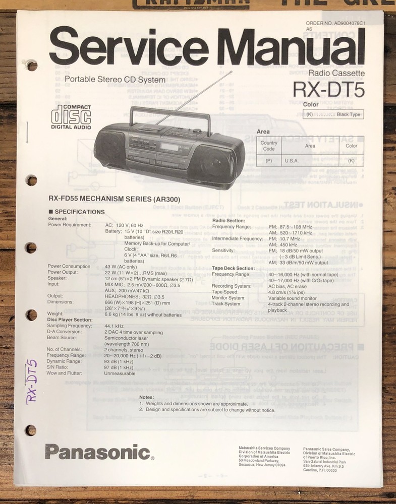 Technics RX-DT5 Portable Stereo Service Manual *Original*