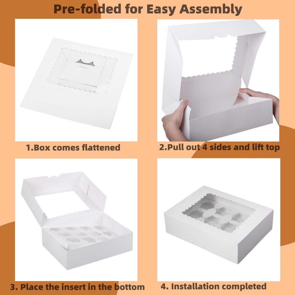 Pre-folded 12 count Cupcake Boxes, 15-Set Cupcake Container with Window Trans...