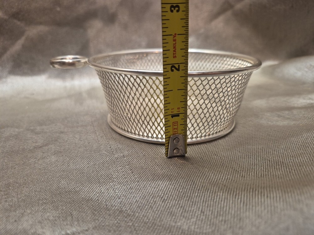 Vintage Metal Serving Bowl With Grid & Handle, Silver Plated