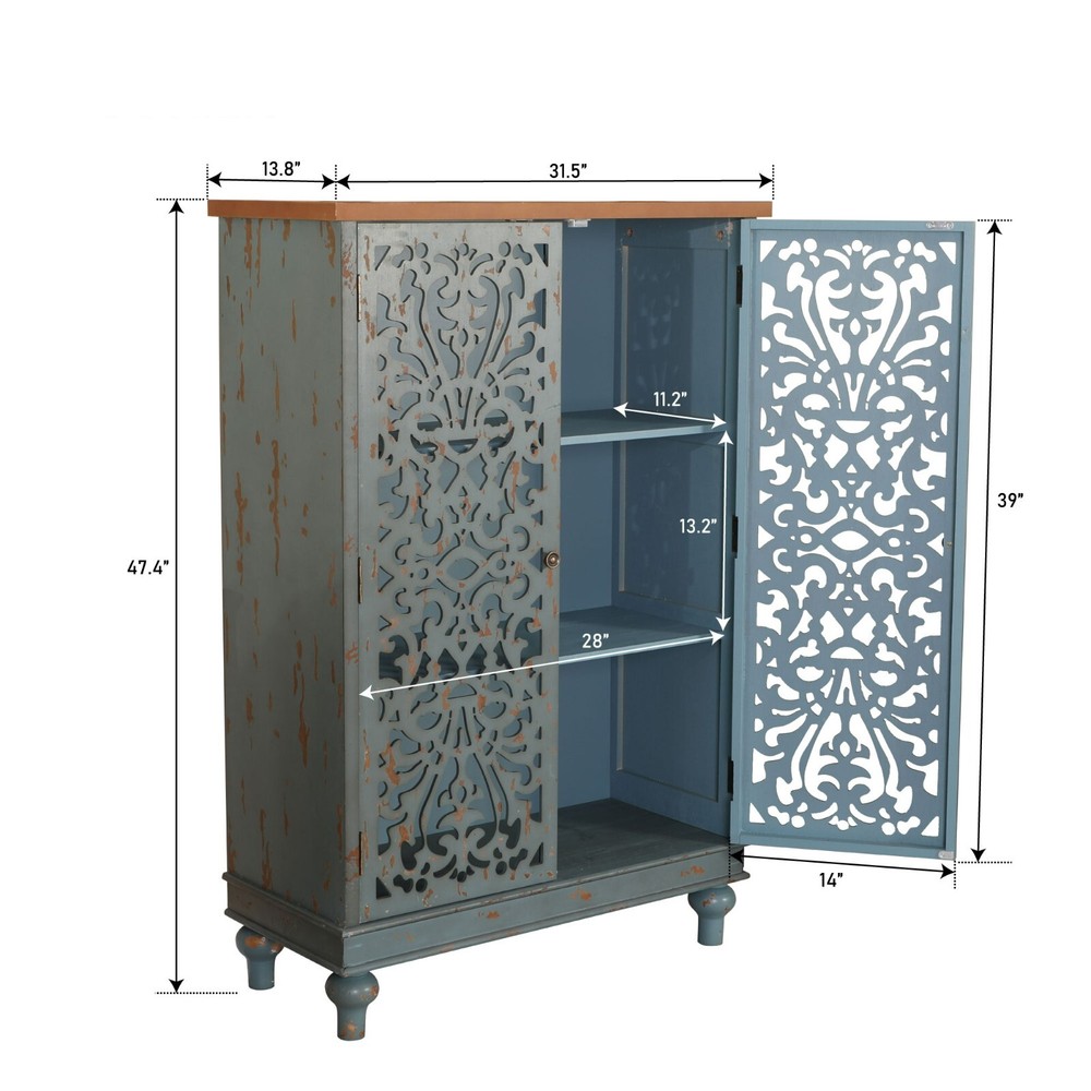 PHI VILLA 47.4" Tall Accent Distressed Cabinet Storage 2 Doors Handmade Rustic
