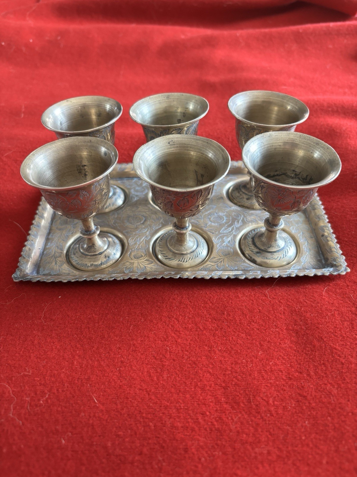 Vintage Indian Brass Tray + 6 Etched Mini Goblets Cordial Set Made in India