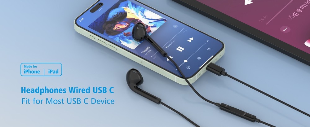 USB-C Type C Wired Headphones Earbuds for iPhone 16 15 Pro Max Plus Pixel