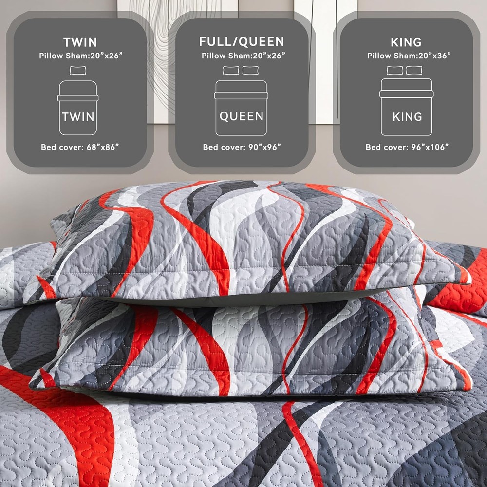 Classic Line Pattern Bedding Quilt King Size Modern Grey Red & Black Stripe