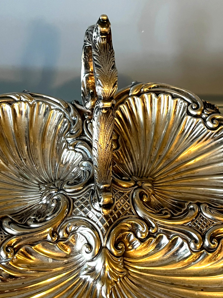 Antique Silver Plate Triple Shell Footed Serving Tray