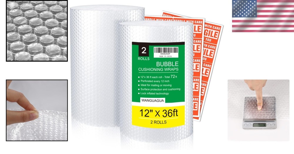 2 Pack Nylon Bubble Packing Wrap, Clear, 12in x 36ft, Reusable