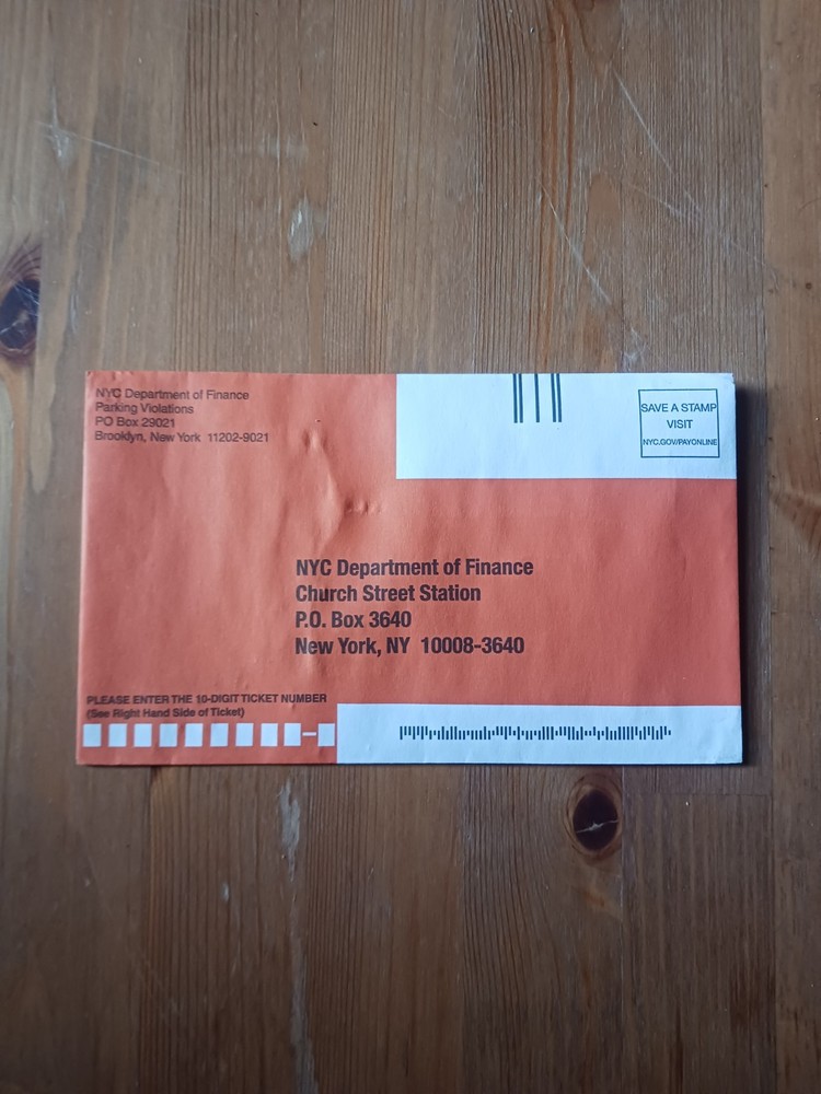 NYC Traffic Ticket envelope