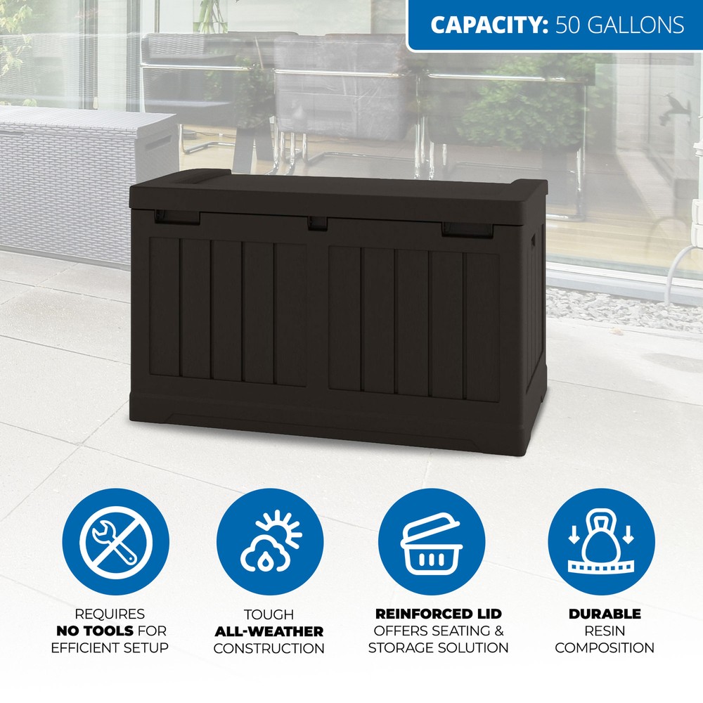 Suncast 50 Gallon Medium Capacity Resin Outdoor Storage Deck Box with Seat, Java