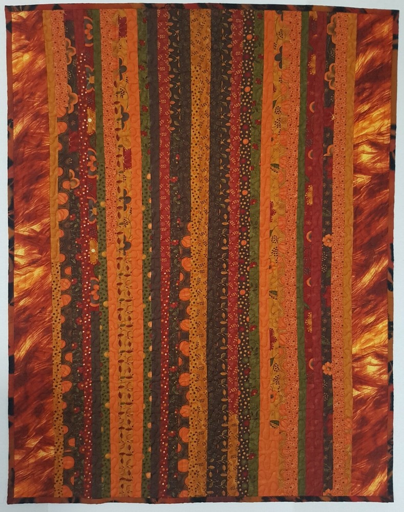 Striped Autumn Leaf Quilt, Couch, Lap, Table Topper, Patchwork Quilt