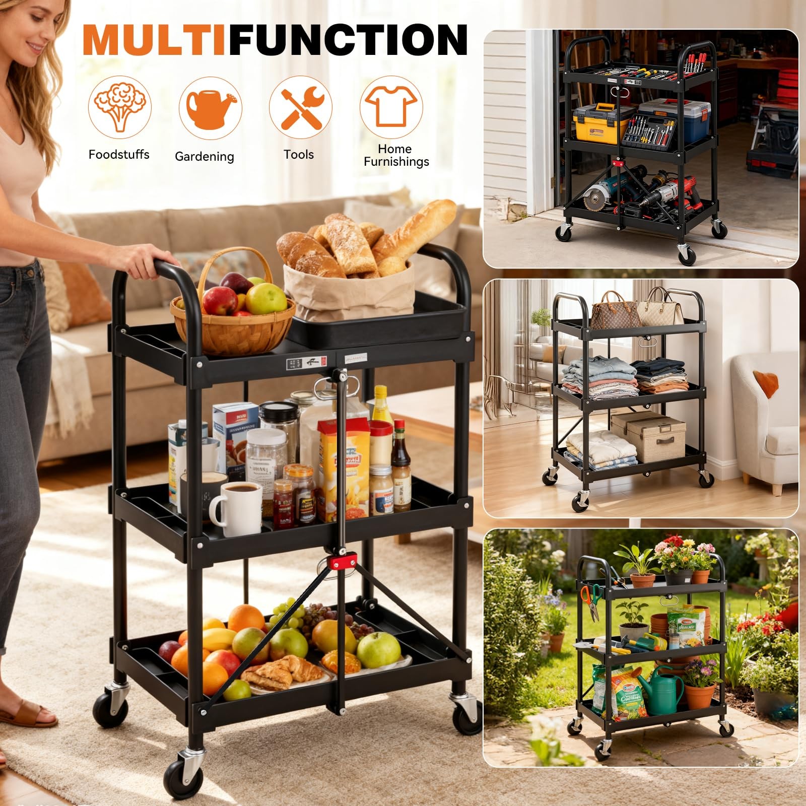 3-Tier Folding Utility Cart, Collapsible Service Cart with 4 Swivel Wheels & ...
