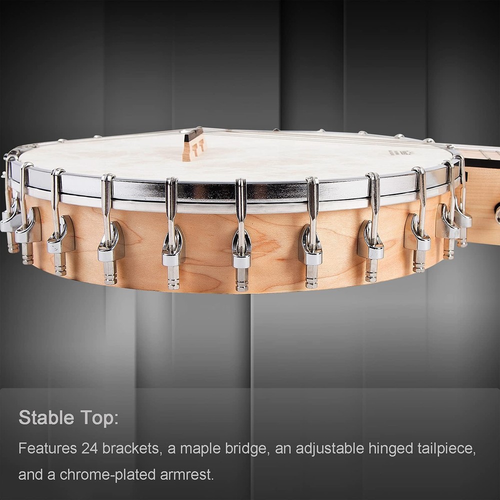 5 String Banjo - Full Size with 24 Brackets, Open Back, Maple Banjo with Remo...