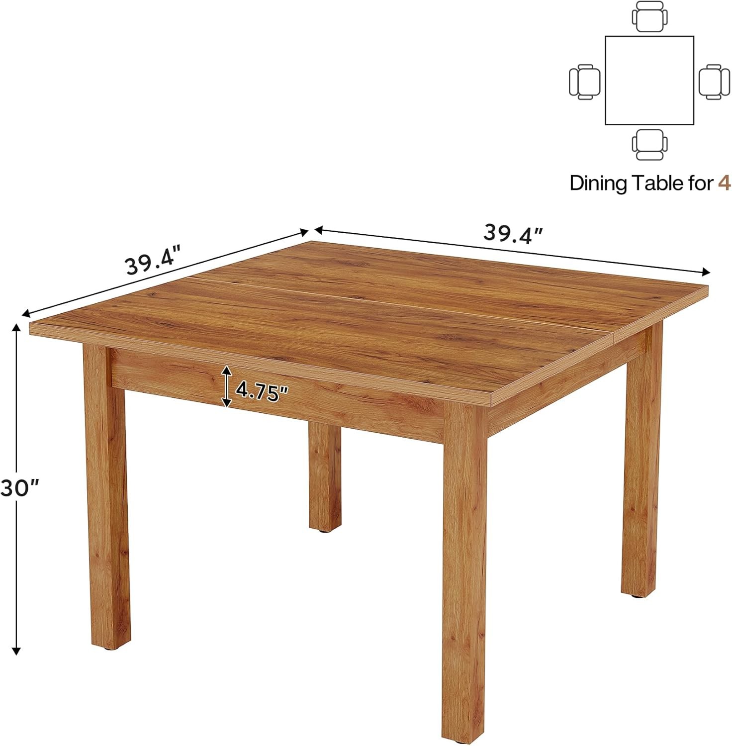 39.4'' Square Dining Table for 4 People, Wooden Kitchen Table Small Dinner Table