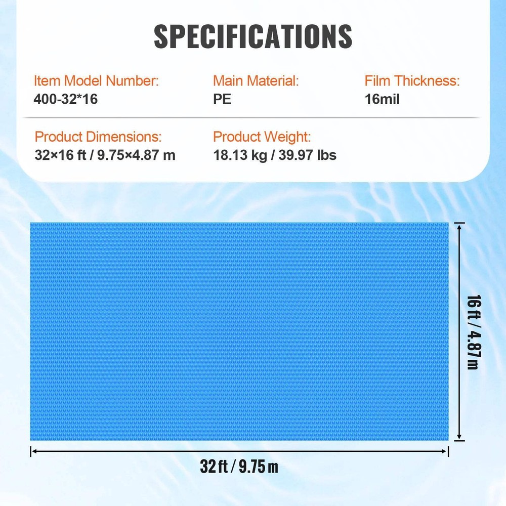 Solar Pool Cover, 12 mil Rectangular Solar Blanket for Inground & Above Ground P