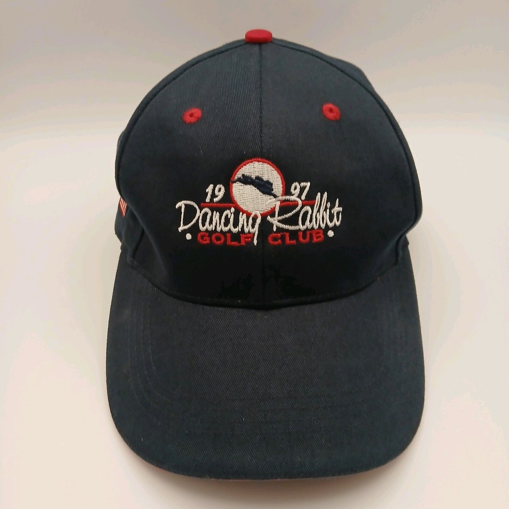 Dancing Rabbit Golf Club Hat Cap Ahead Strapback Navy Blue White Red Script Flag