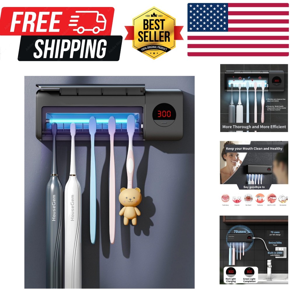 Toothbrush Holder, Timer Function, 2000mAh Rechargeable Cordless Wall-Mounted...