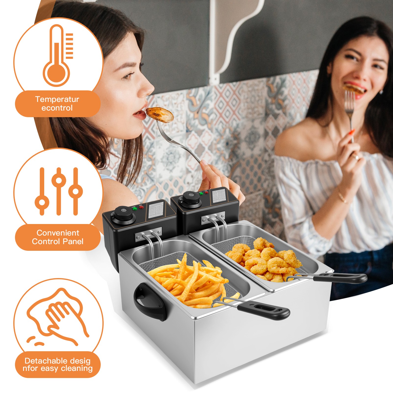 8L Electric Deep Fryer Dual Tank Commercial Restaurant Countertop 5000W With Lid