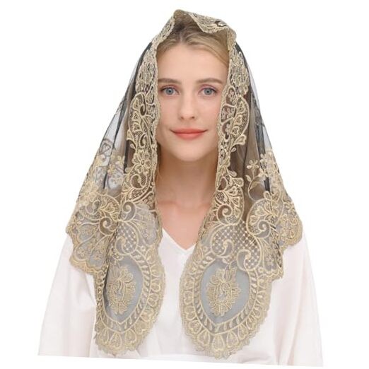 Triangular Mantilla Lace Head Covering Mass Catholic Church Veils Gold&black