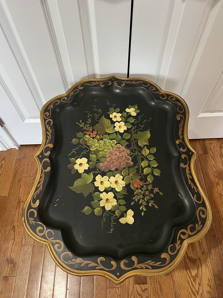 Antique Hand Painted Tole Tray On Folding Table Base