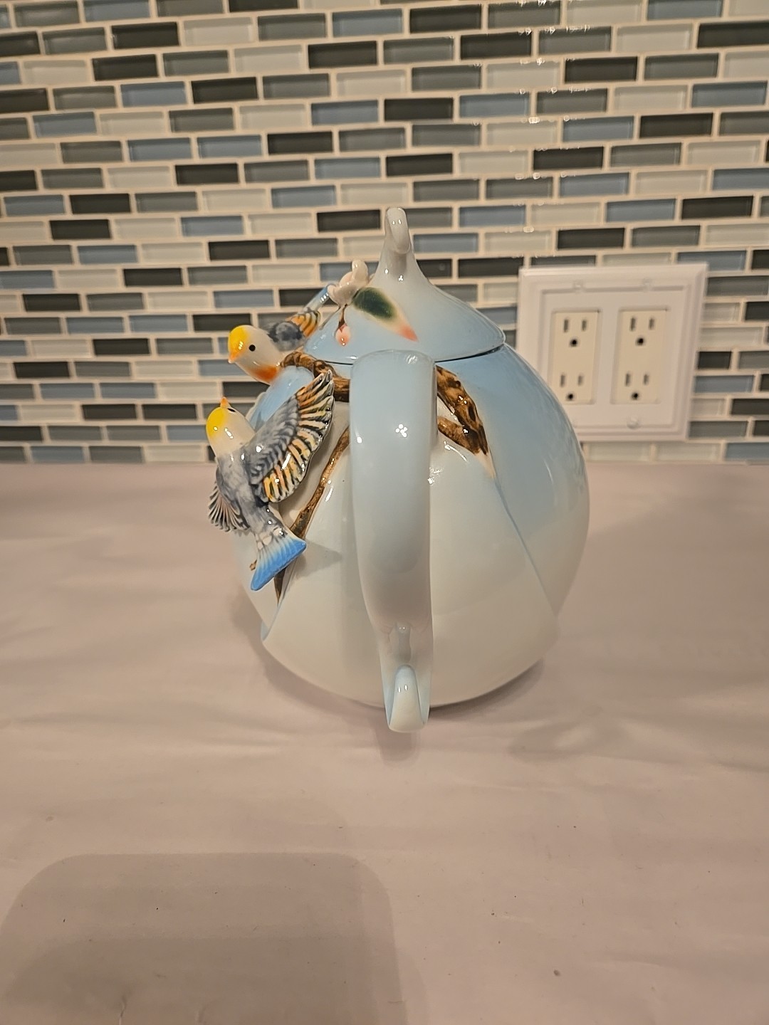 Pier 1 Imports Hand Painted Porcelain 3D Decorative Teapot Birds Flowers 7”