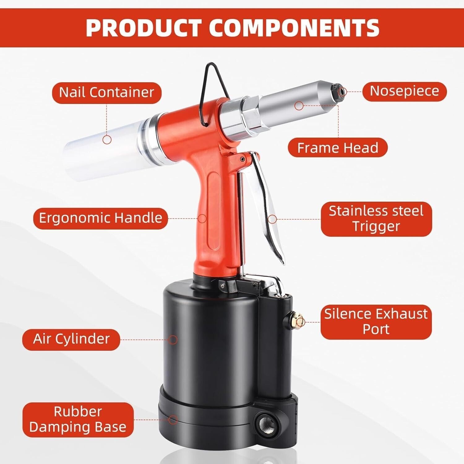 Air Pneumatic Pop Rivet Gun Hydraulic Rivet w/ 1/8" 5/32" 3/16" 1/4" Nose Pieces