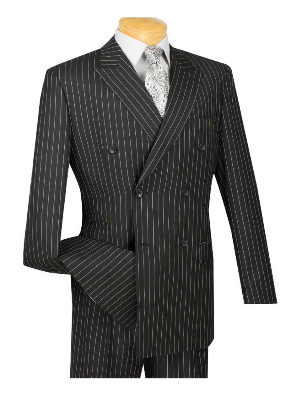 Vinci Black Men's 6-Button Striped Double-Breasted Classic Fit Suit NEW