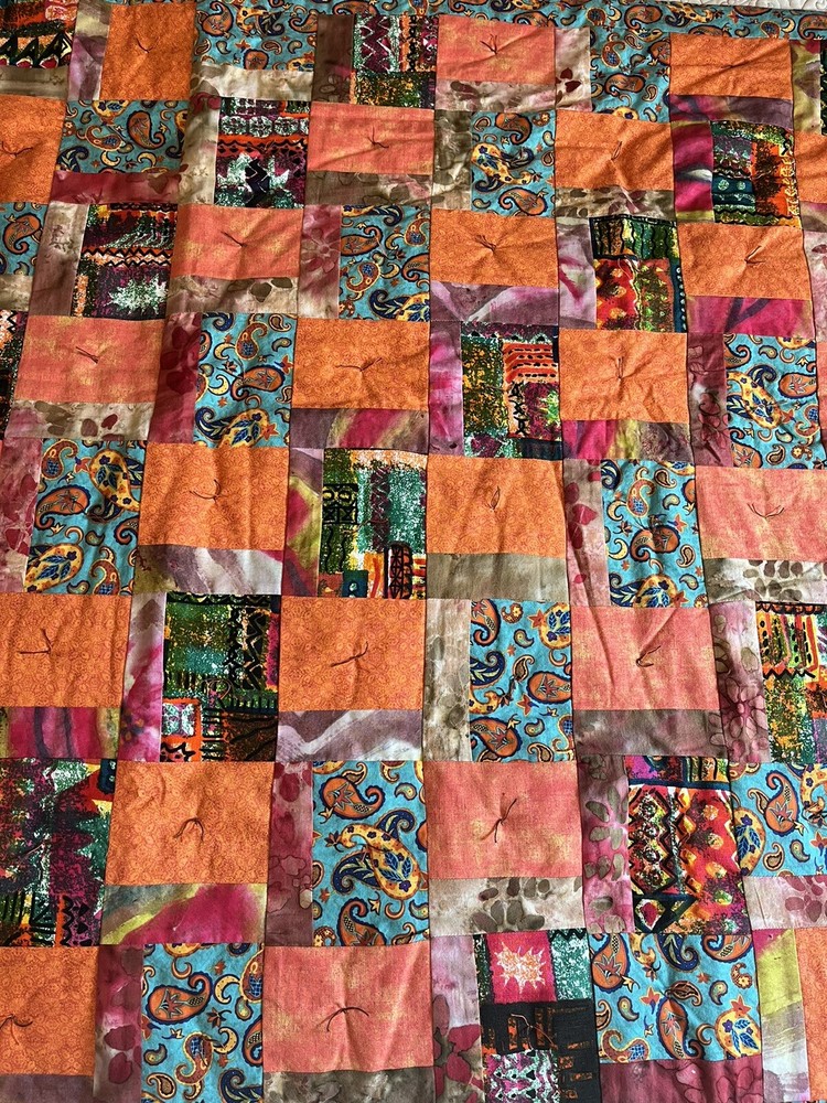 Handmade Patchwork Quilt Vibrant Orange Lap Quilt 44”