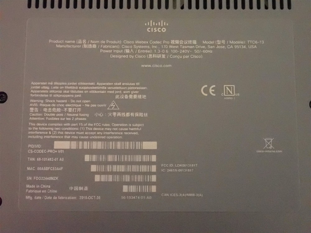 Cisco CS-CODEC-PRO+ V01 TTC6-13 Webex Codec Pro Video Conferencing (H4)