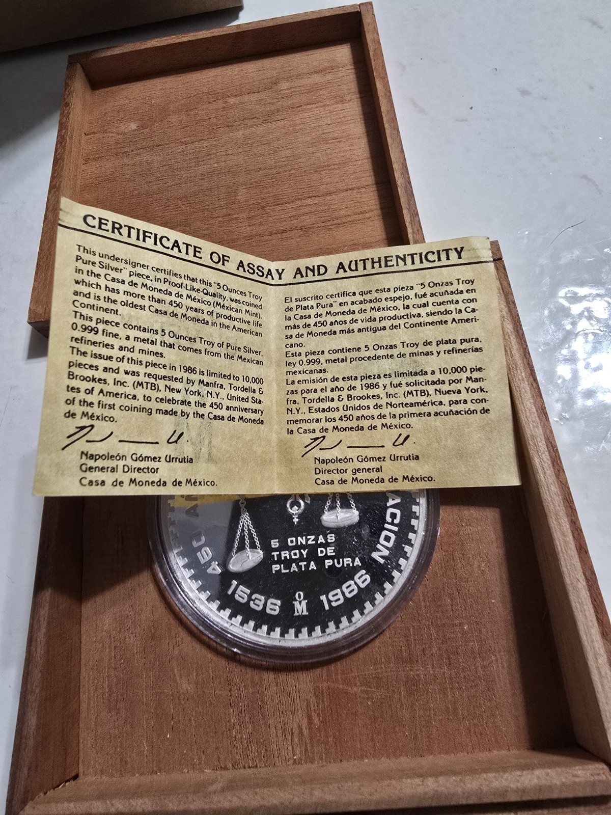 1986 Casa De Moneda De México 450th Anniversary Box And Coa! 10k Mintage 5 Oz Ag