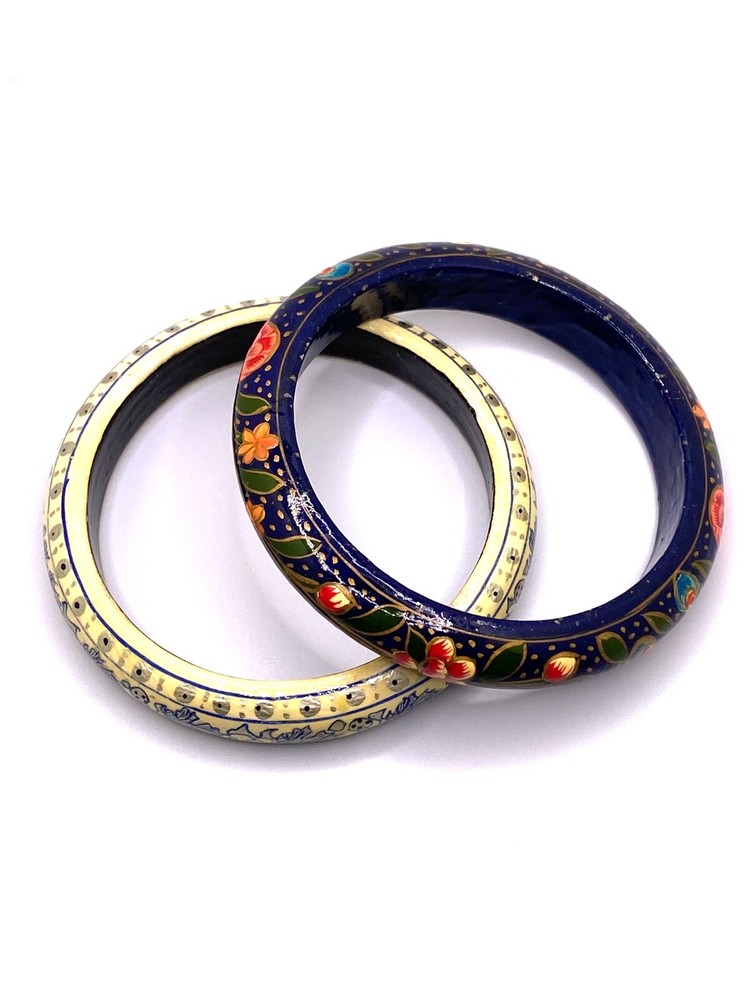 Artisan Bangle Bracelets (2) Hand Painted Blues Whites Reds Stackable