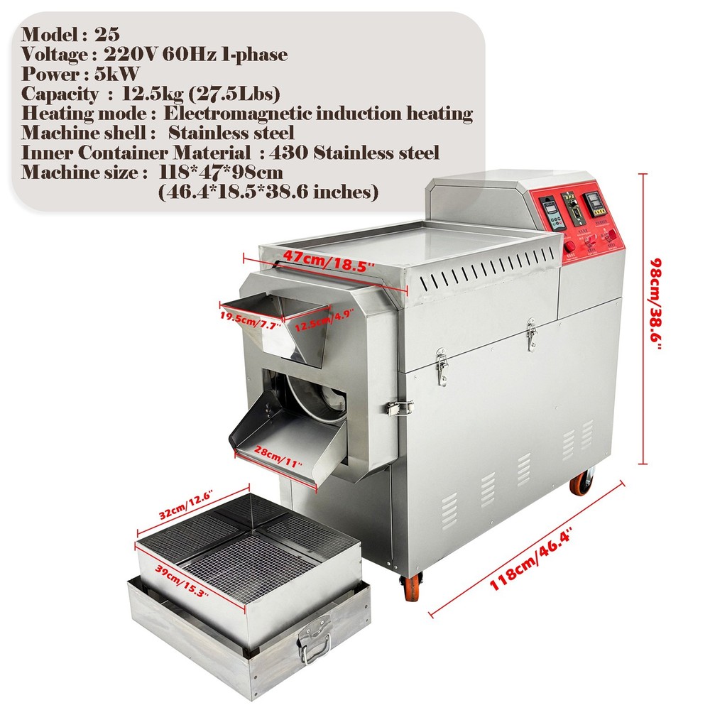 220V Electric Coffee Bean Nut Roaster Roller Type Roasting Machine 27.5Lbs
