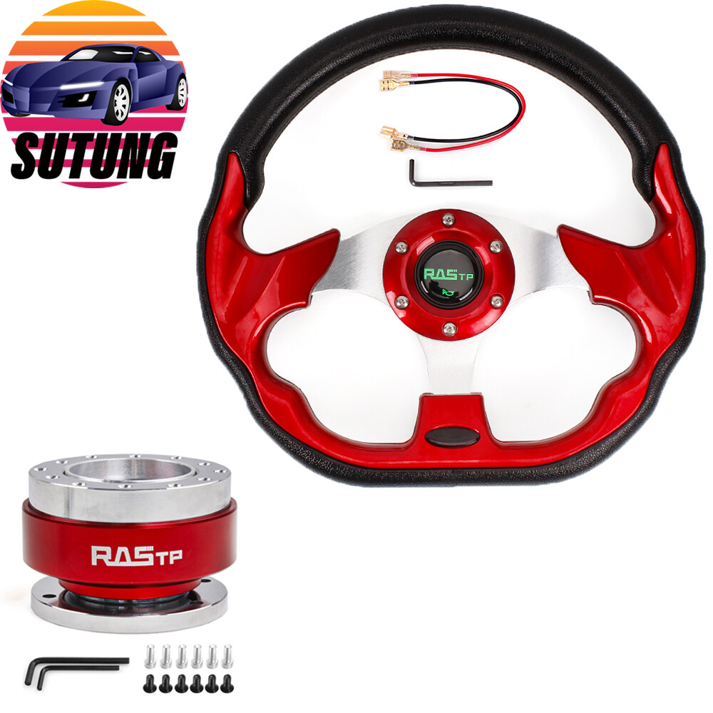 12.5" Universal Red D Shape Racing Steering Wheel w/ Quick Release Adapter Kit